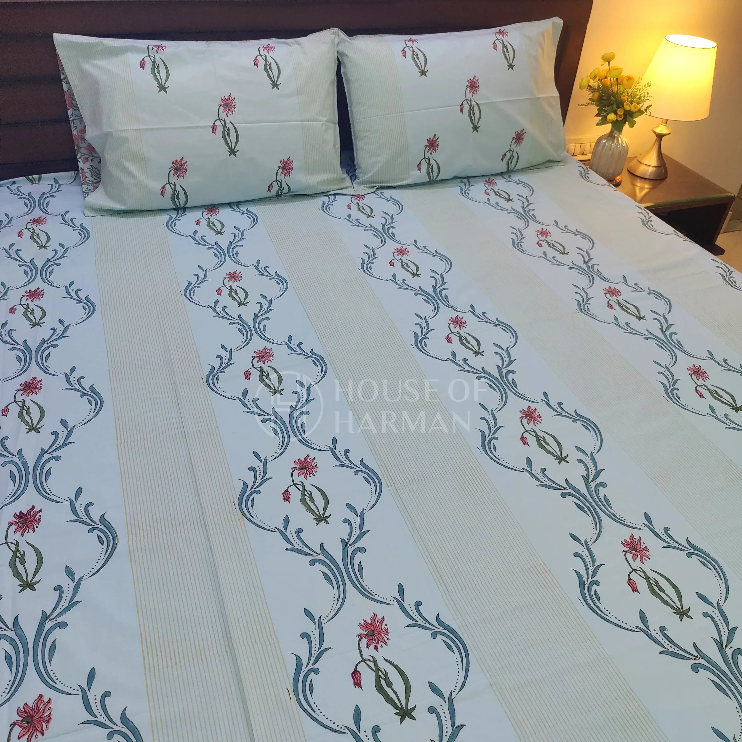 Celeste Floral Serenade Bedsheet (Blue Base Colour) - HOUSE OF HARMAN