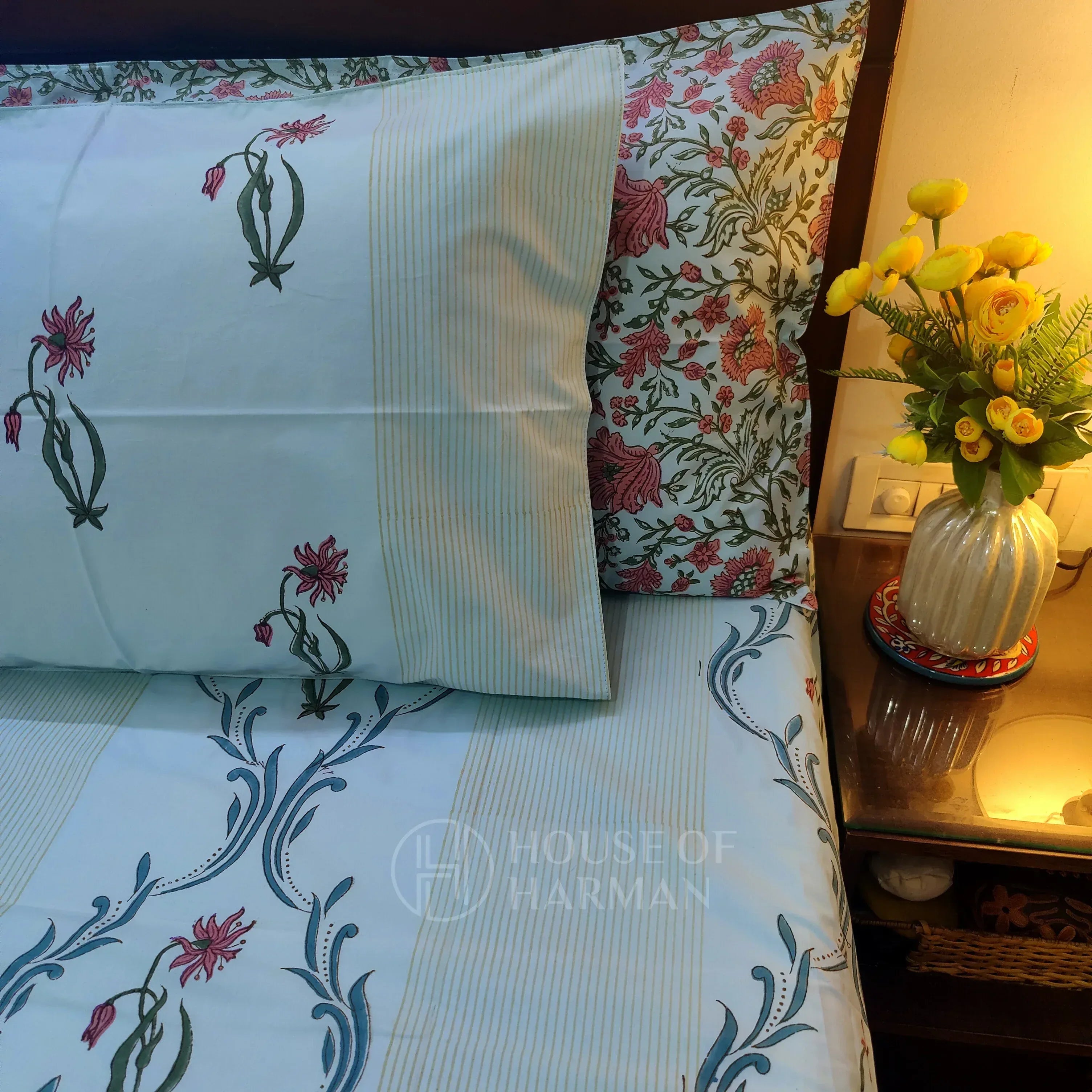 Celeste Floral Serenade Bedsheet (Blue Base Colour) - HOUSE OF HARMAN