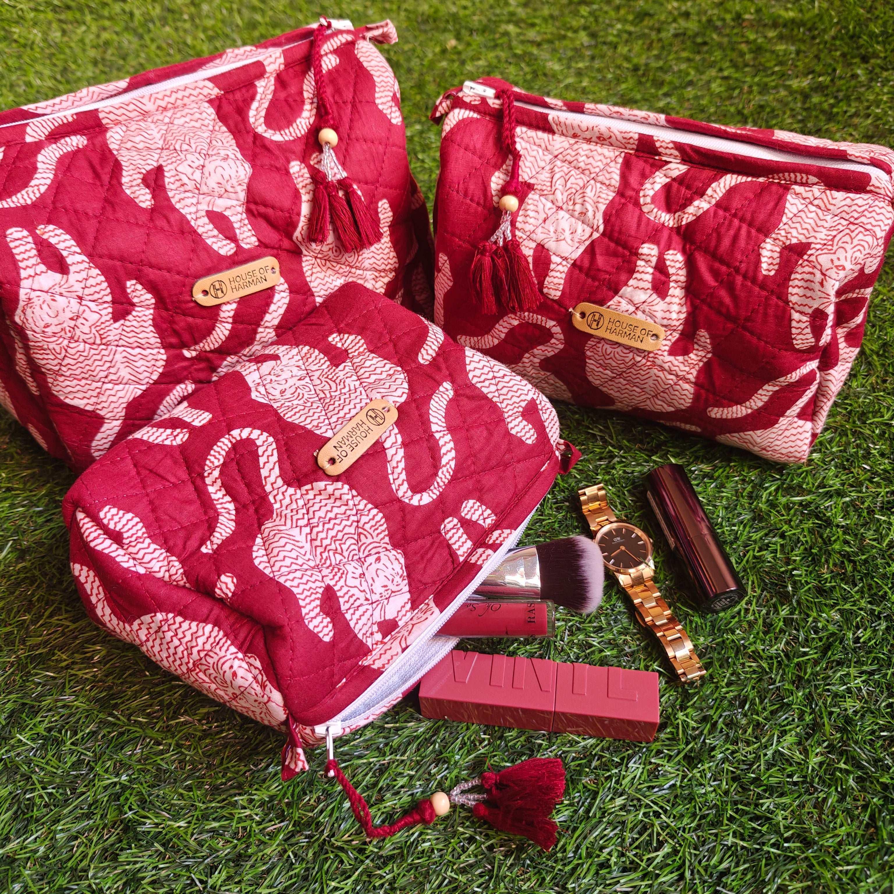 Multipurpose Pouches- Set of Three I Waterproof Lining I Four Mini Pockets Inside - HOUSE OF HARMAN