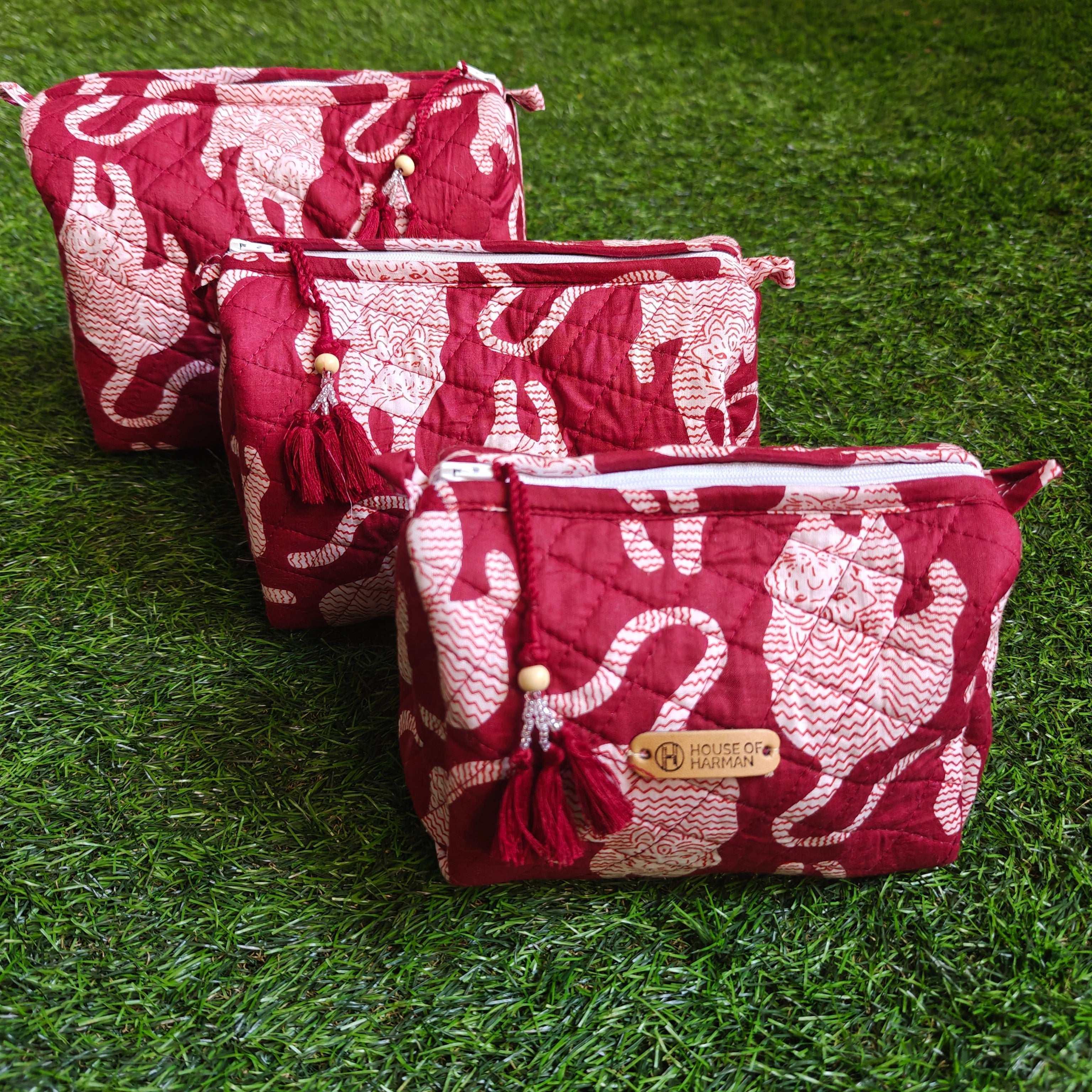 Multipurpose Pouches- Set of Three I Waterproof Lining I Four Mini Pockets Inside - HOUSE OF HARMAN