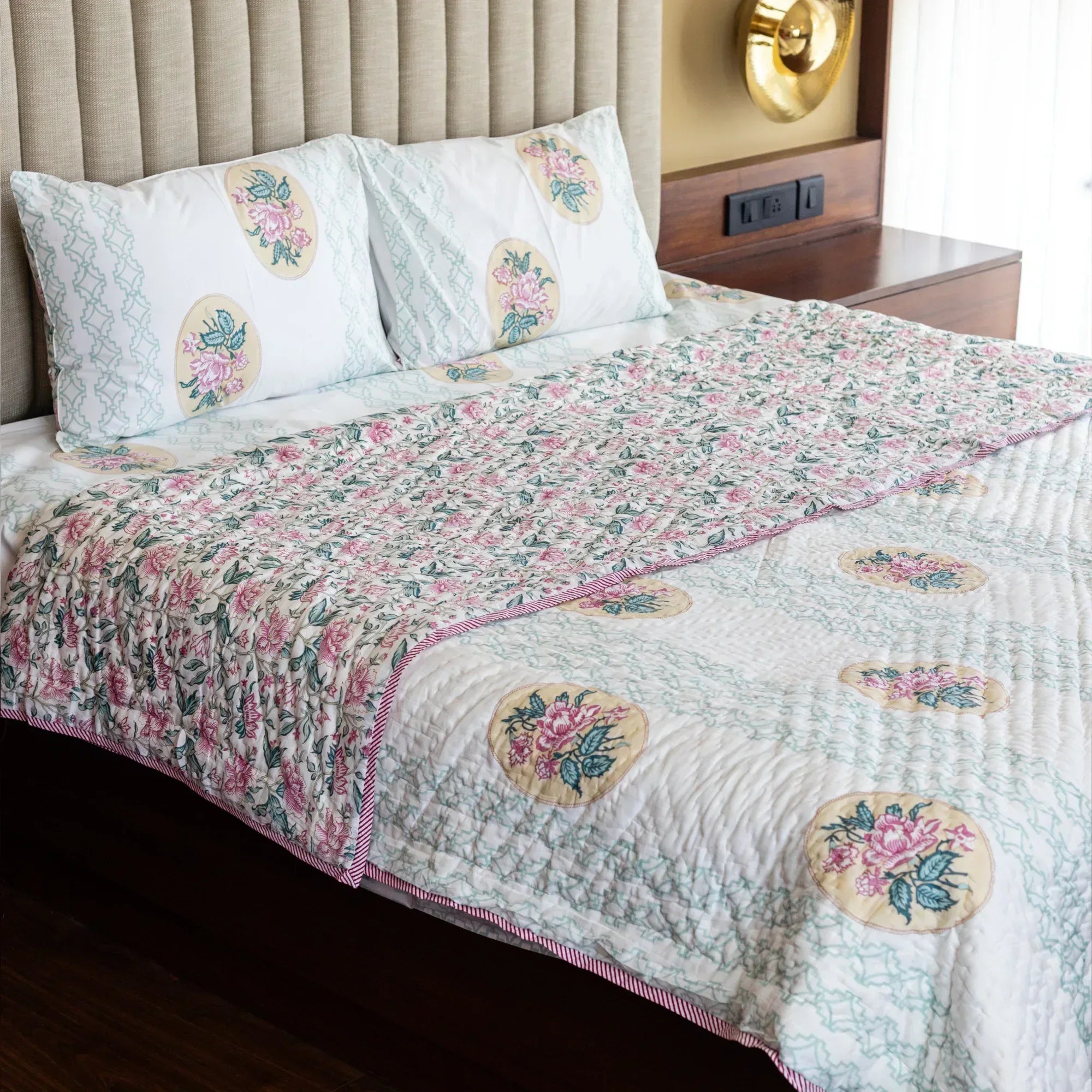 Blushing Rose Elegance Bedsheet and Quilt - HOUSE OF HARMAN