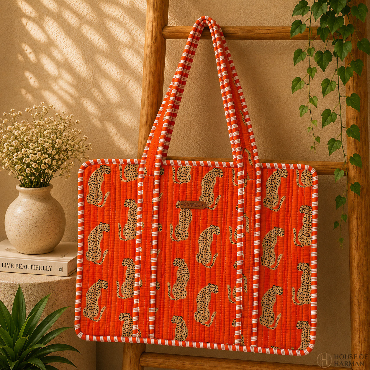 House of Harman Block Printed Tote Bag | Zipper Closure | 2 Inner Pockets | Ample Storage