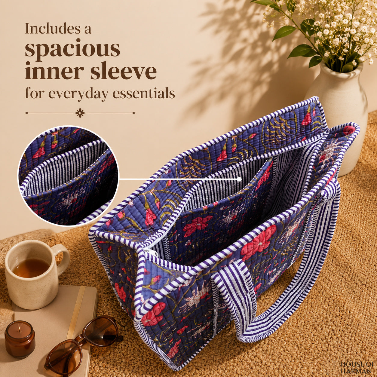 House of Harman Block Printed Tote Bag | Zipper Closure | 2 Inner Pockets | Ample Storage