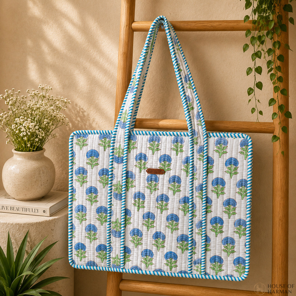 House of Harman Block Printed Tote Bag | Zipper Closure | 2 Inner Pockets | Ample Storage