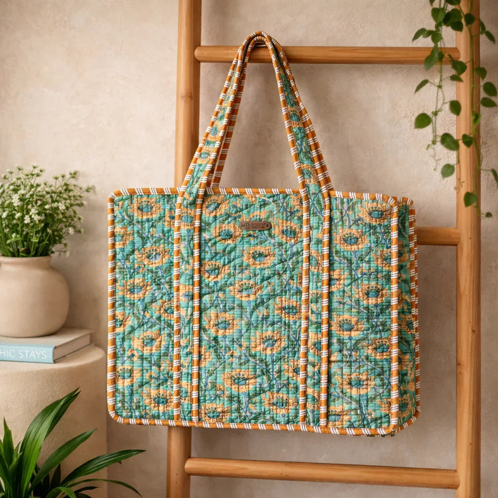 House of Harman Block Printed Tote Bag | Zipper Closure | 2 Inner Pockets | Ample Storage