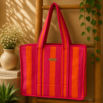 House of Harman Block Printed Tote Bag | Zipper Closure | 2 Inner Pockets | Ample Storage