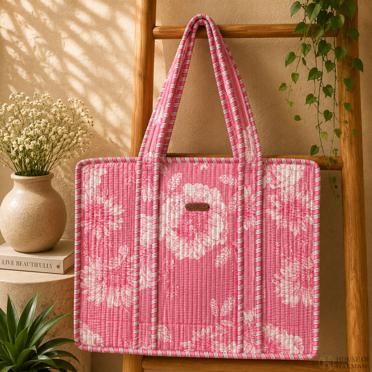 House of Harman Block Printed Tote Bag | Zipper Closure | 2 Inner Pockets | Ample Storage