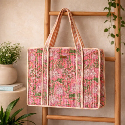 House of Harman Block Printed Tote Bag | Zipper Closure | 2 Inner Pockets | Ample Storage