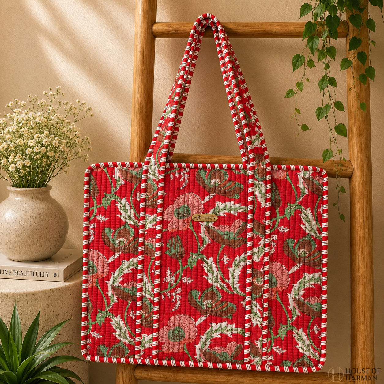 House of Harman Block Printed Tote Bag | Zipper Closure | 2 Inner Pockets | Ample Storage