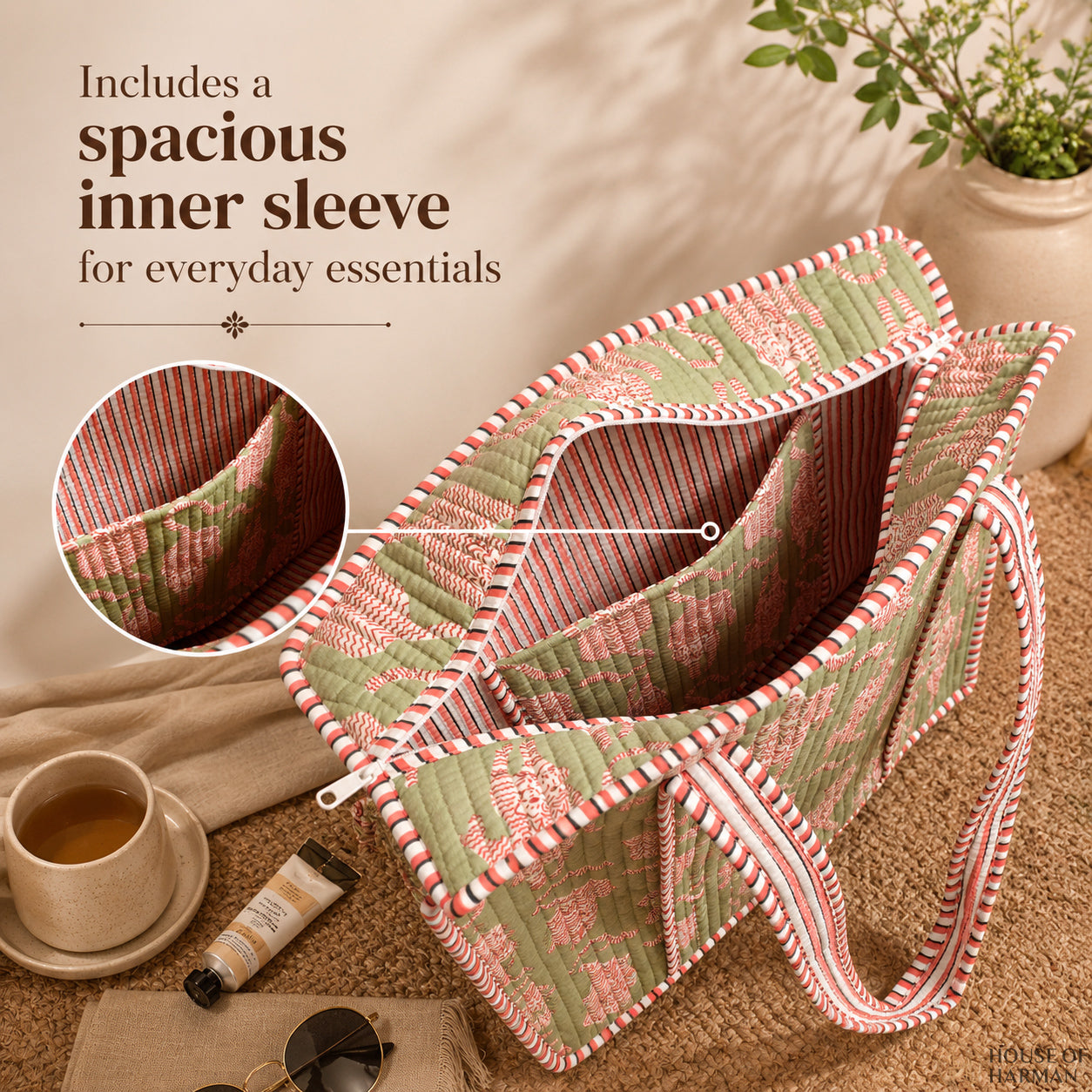 House of Harman Block Printed Tote Bag | Zipper Closure | 2 Inner Pockets | Ample Storage