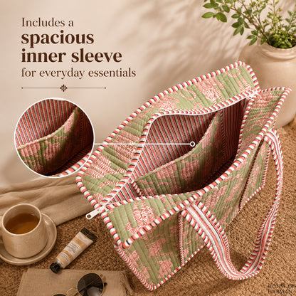 House of Harman Block Printed Tote Bag | Zipper Closure | 2 Inner Pockets | Ample Storage