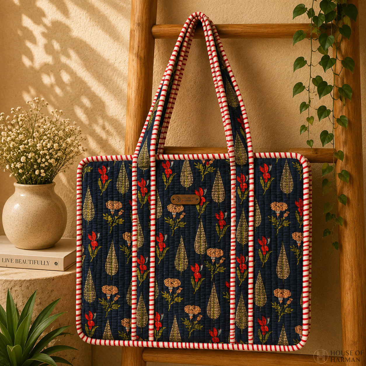 House of Harman Block Printed Tote Bag | Zipper Closure | 2 Inner Pockets | Ample Storage