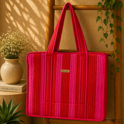 House of Harman Block Printed Tote Bag | Zipper Closure | 2 Inner Pockets | Ample Storage