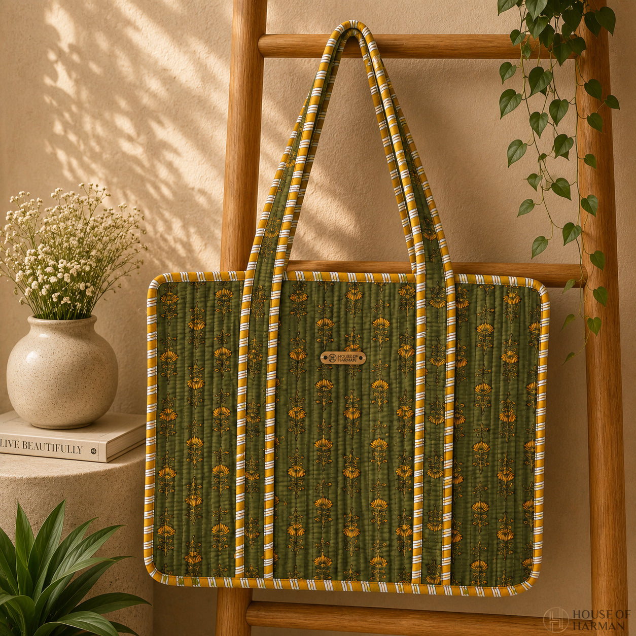 House of Harman Block Printed Tote Bag | Zipper Closure | 2 Inner Pockets | Ample Storage