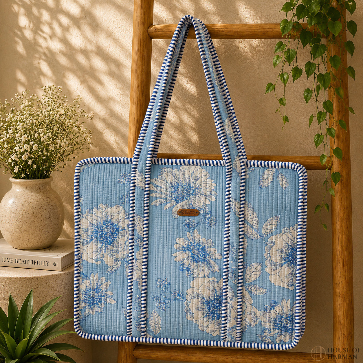 House of Harman Block Printed Tote Bag | Zipper Closure | 2 Inner Pockets | Ample Storage