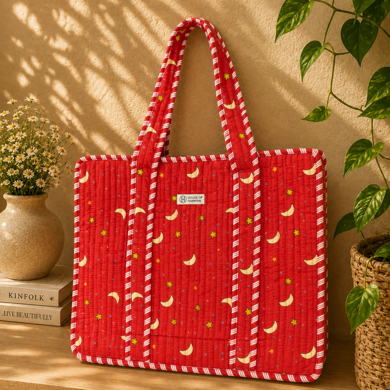House of Harman Block Printed Tote Bag | Zipper Closure | 2 Inner Pockets | Ample Storage