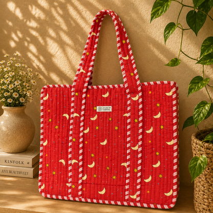 House of Harman Block Printed Tote Bag | Zipper Closure | 2 Inner Pockets | Ample Storage