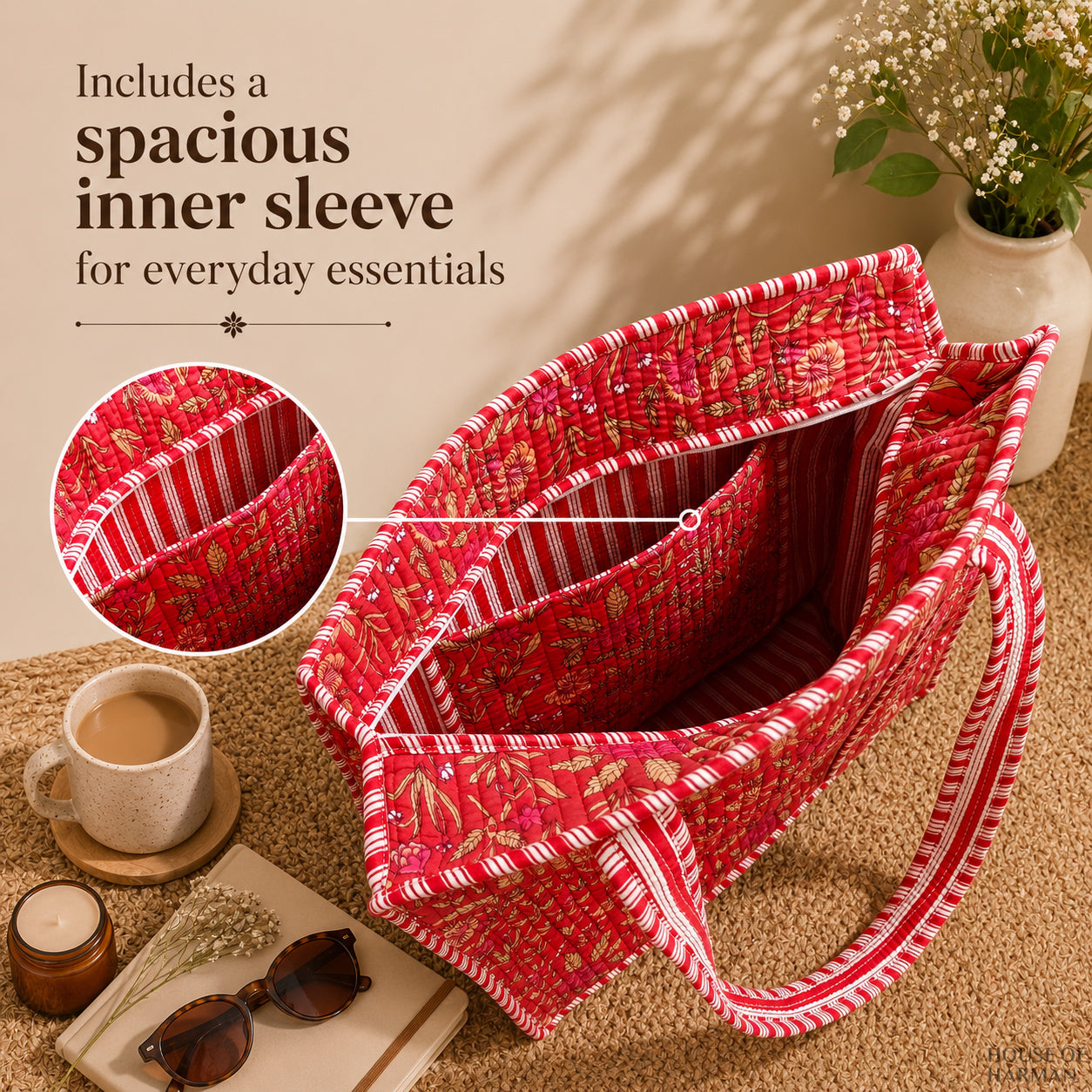 House of Harman Block Printed Tote Bag | Zipper Closure | 2 Inner Pockets | Ample Storage