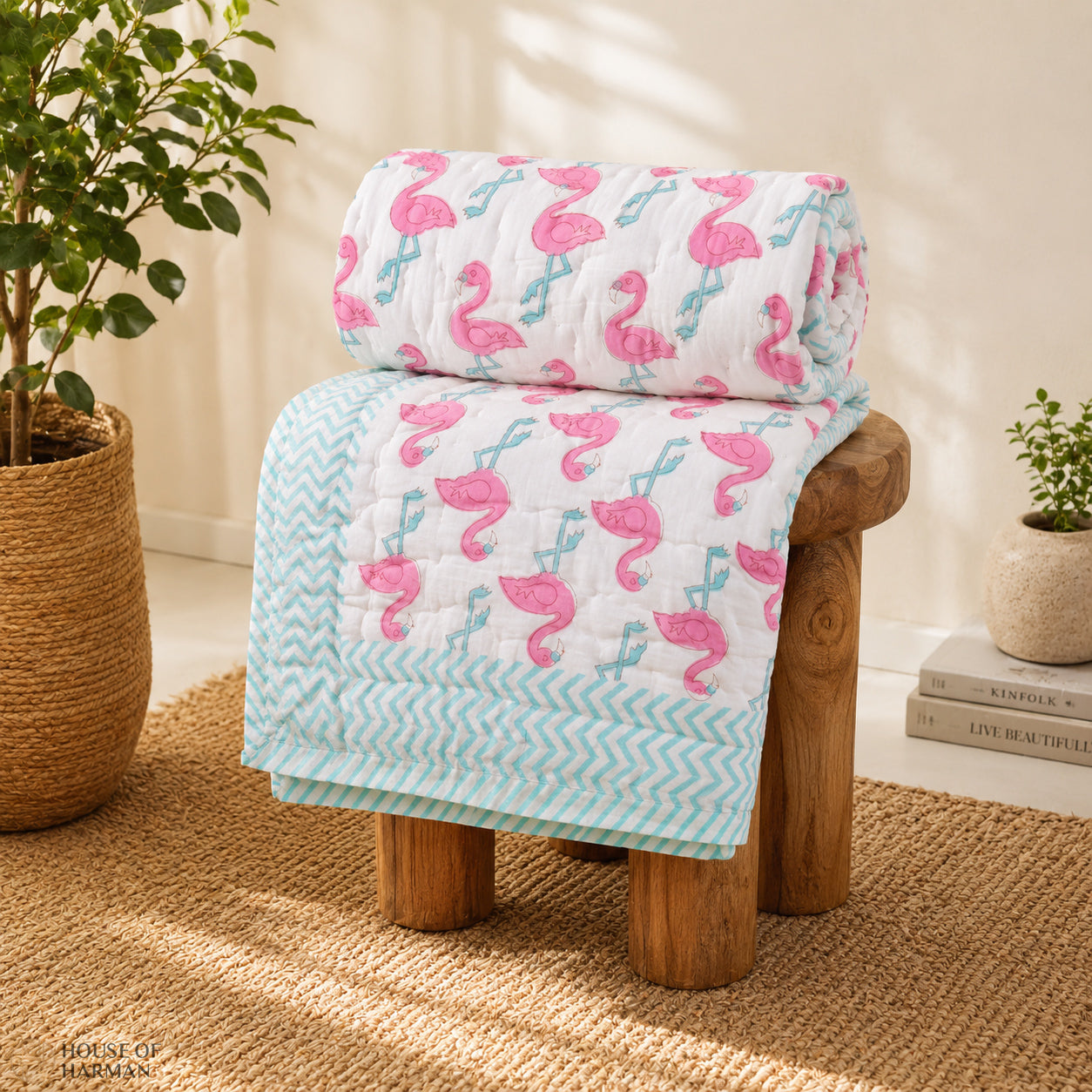 Pink Palm Flamingo Baby Quilt