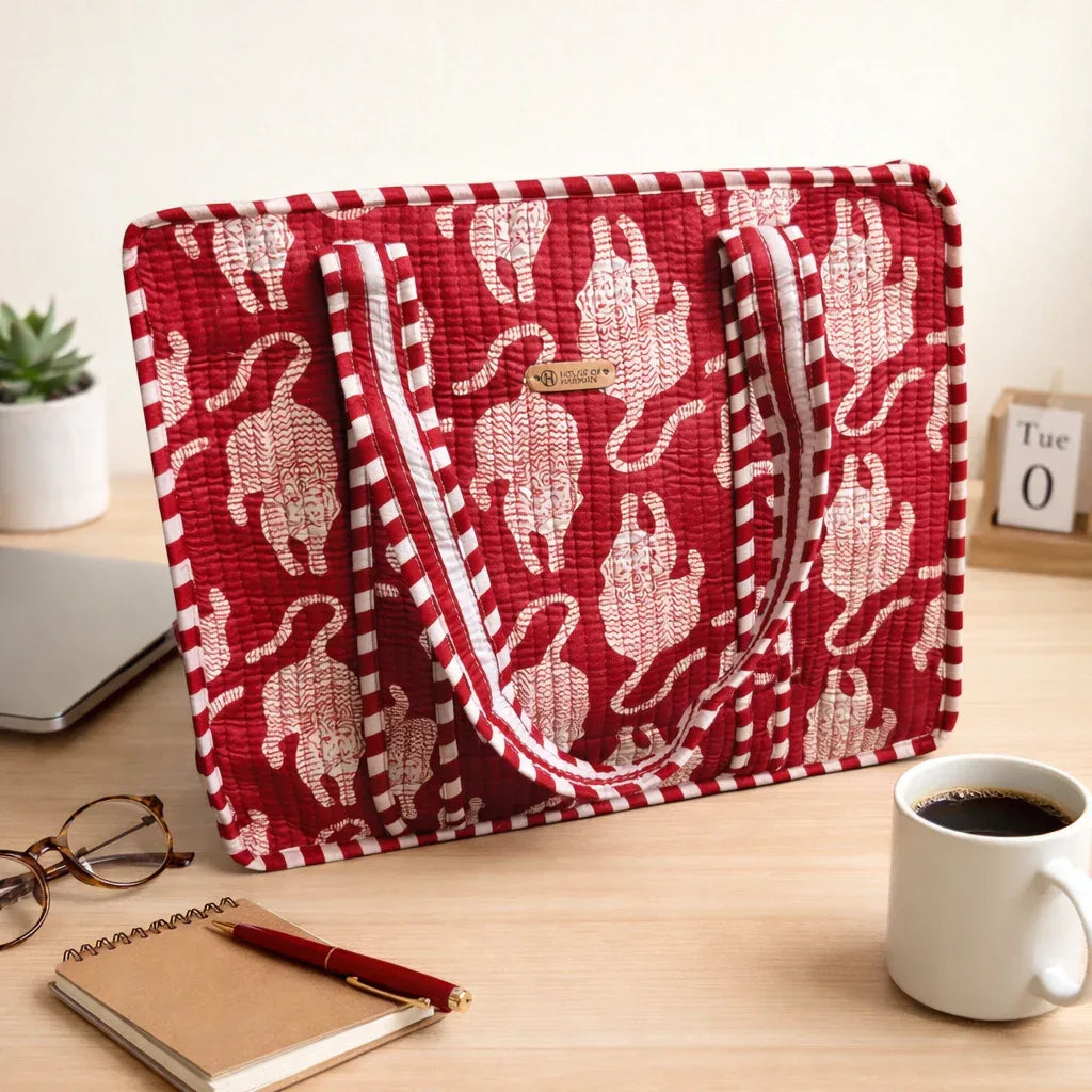 House of Harman Block Printed Tote Bag | Zipper Closure | 2 Inner Pockets | Ample Storage