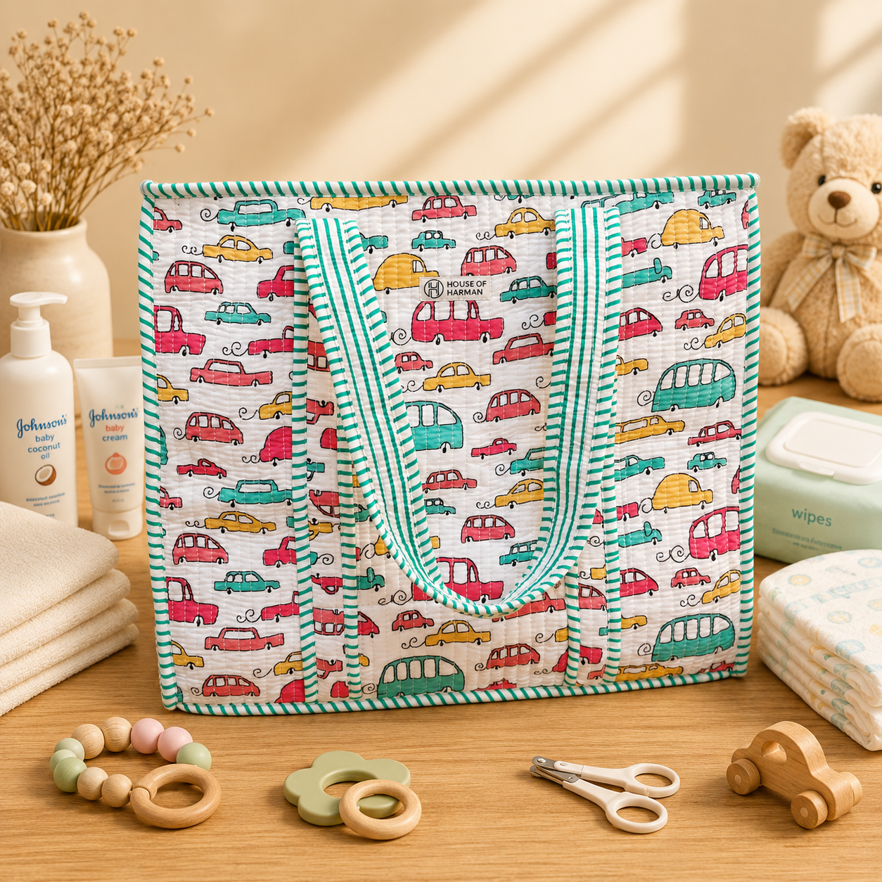 House of Harman Block Printed Tote Bag | Zipper Closure | 2 Inner Pockets | Ample Storage