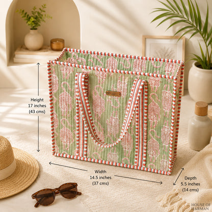 House of Harman Block Printed Tote Bag | Zipper Closure | 2 Inner Pockets | Ample Storage