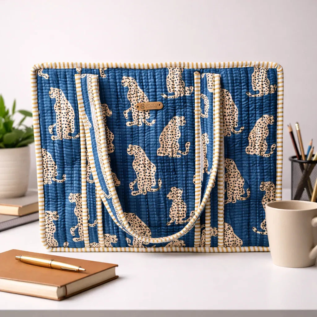 House of Harman Block Printed Tote Bag | Zipper Closure | 2 Inner Pockets | Ample Storage