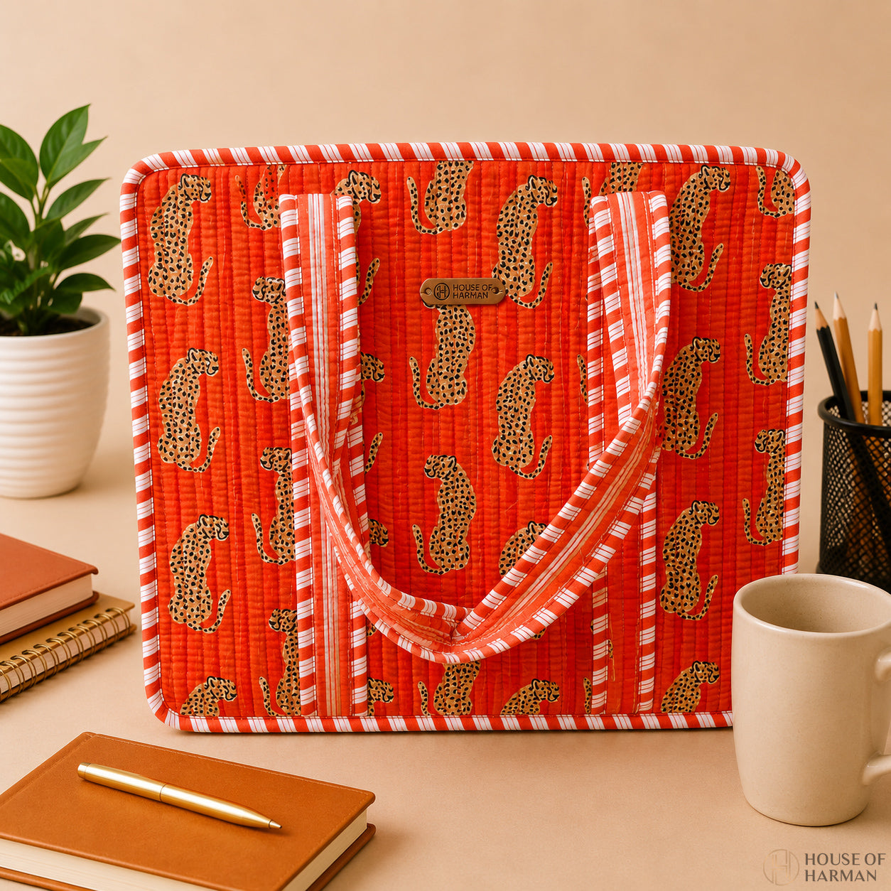 House of Harman Block Printed Tote Bag | Zipper Closure | 2 Inner Pockets | Ample Storage