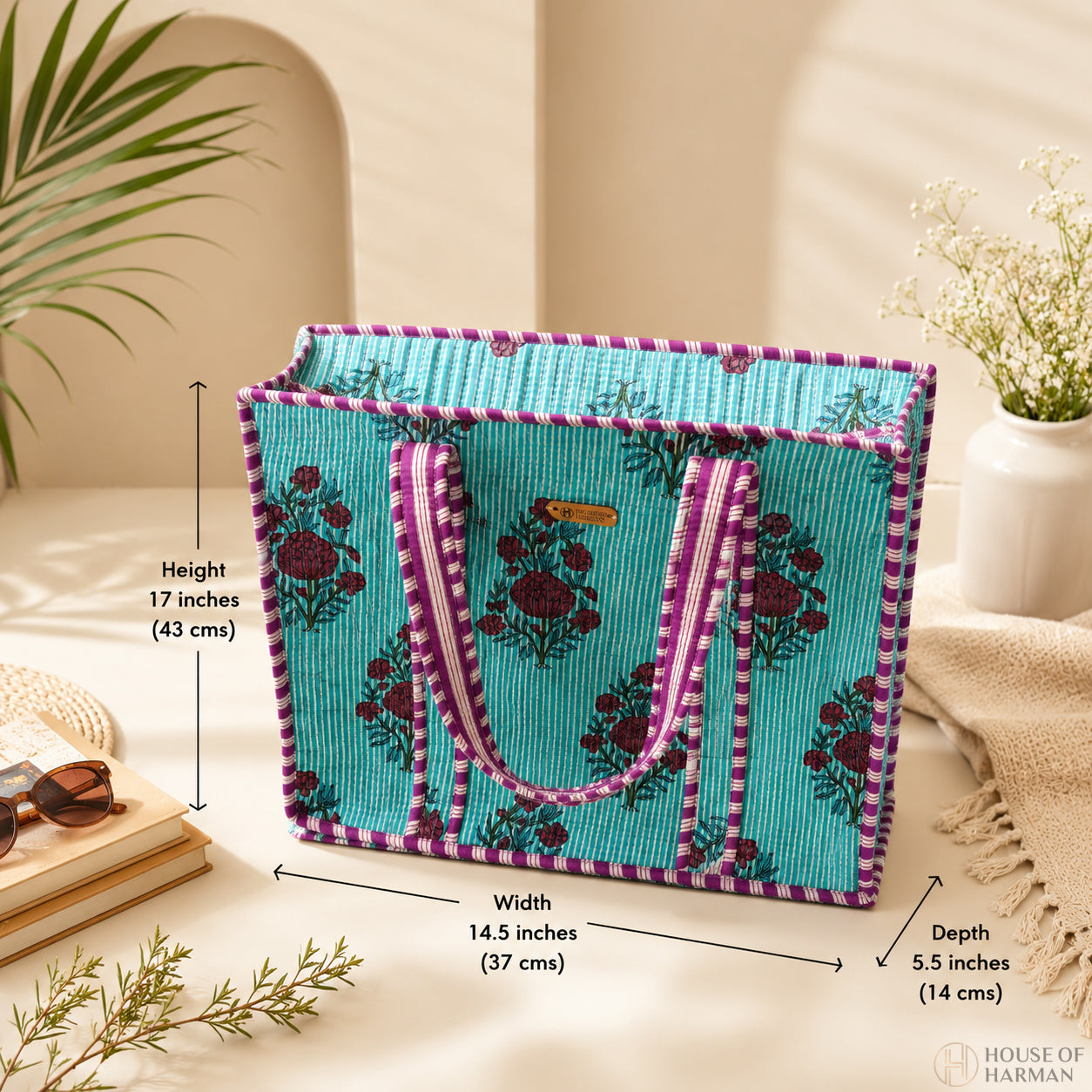 House of Harman Block Printed Tote Bag | Zipper Closure | 2 Inner Pockets | Ample Storage
