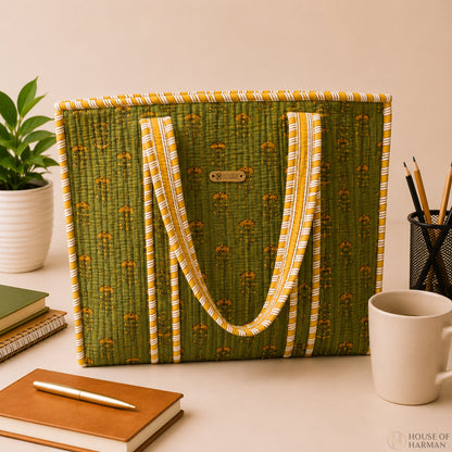 House of Harman Block Printed Tote Bag | Zipper Closure | 2 Inner Pockets | Ample Storage