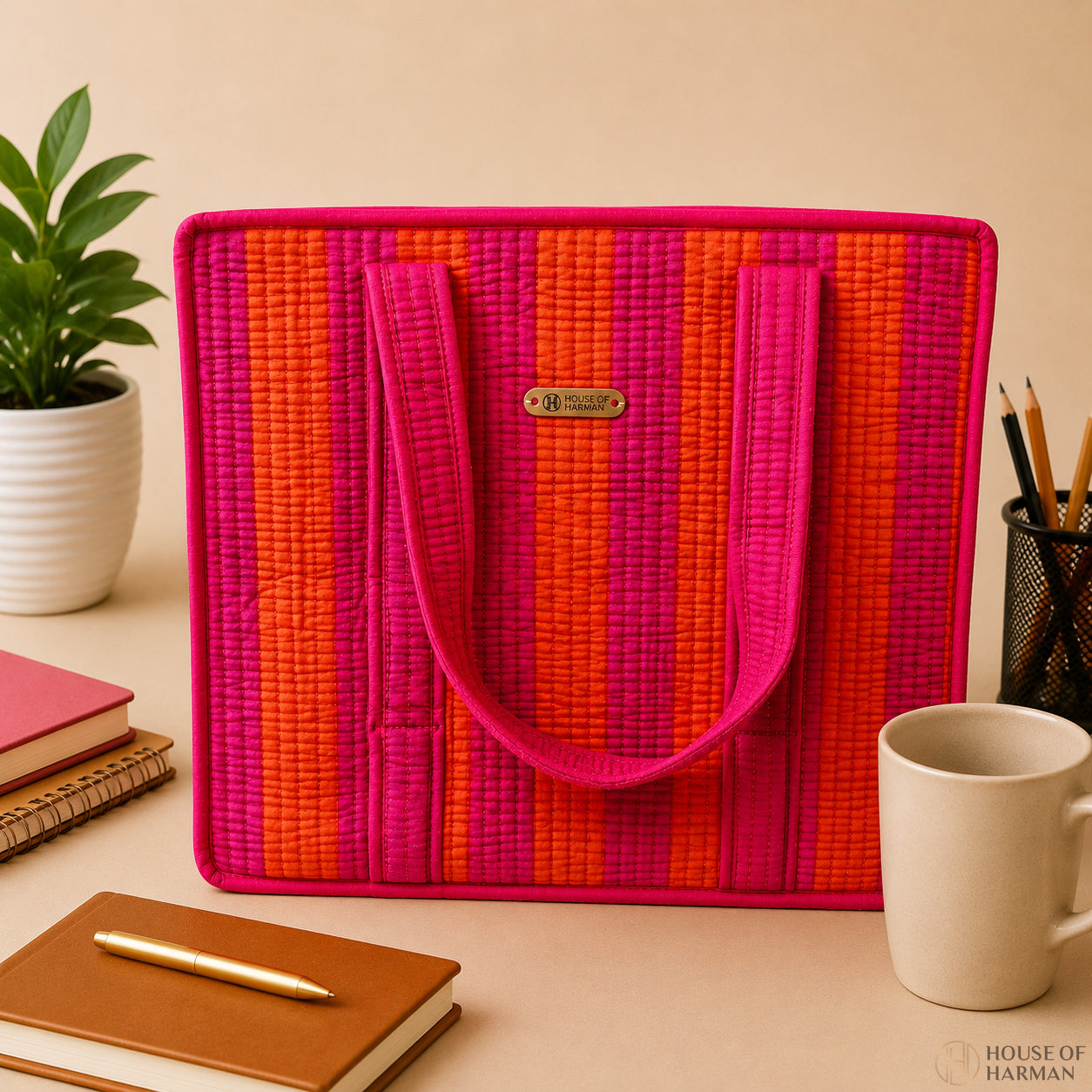 House of Harman Block Printed Tote Bag | Zipper Closure | 2 Inner Pockets | Ample Storage