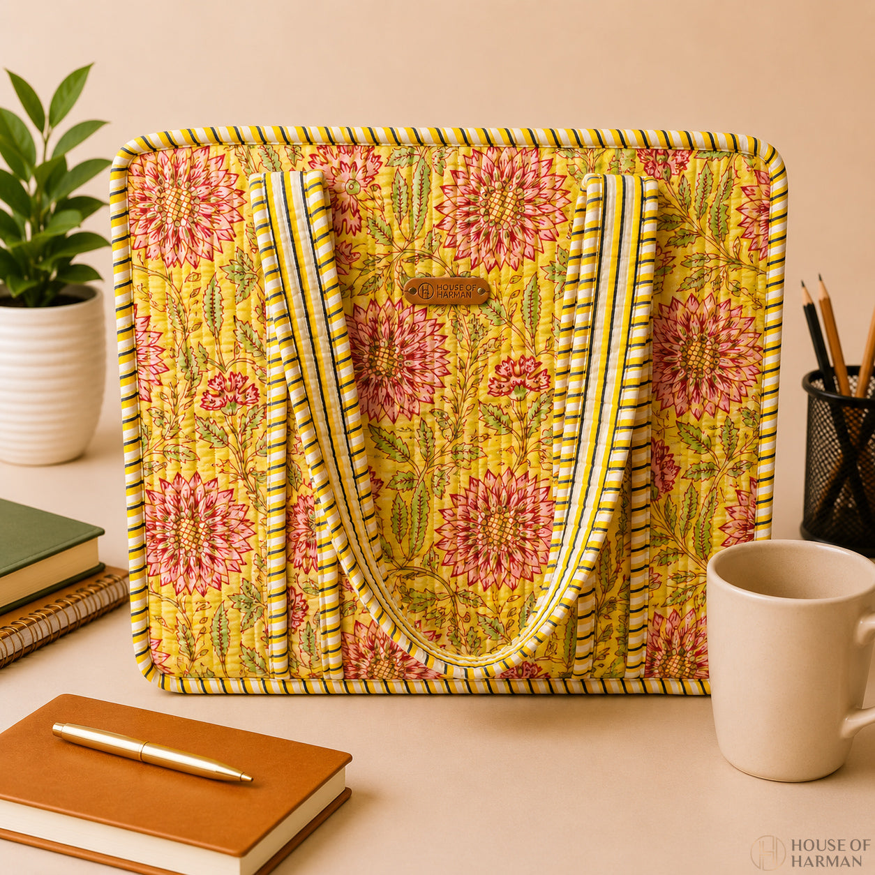 House of Harman Block Printed Tote Bag | Zipper Closure | 2 Inner Pockets | Ample Storage