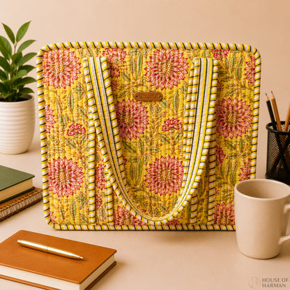 House of Harman Block Printed Tote Bag | Zipper Closure | 2 Inner Pockets | Ample Storage