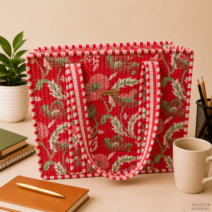 House of Harman Block Printed Tote Bag | Zipper Closure | 2 Inner Pockets | Ample Storage