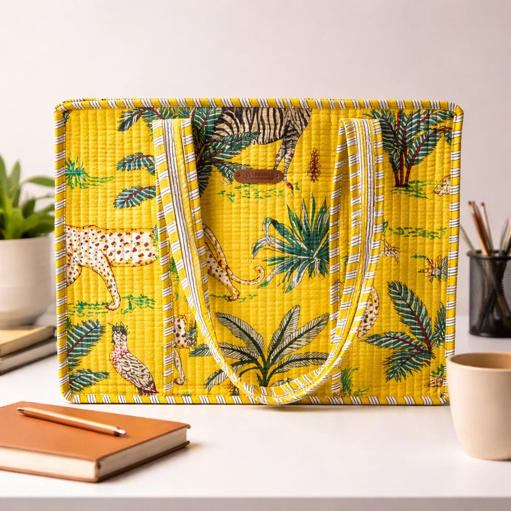 House of Harman Block Printed Tote Bag | Zipper Closure | 2 Inner Pockets | Ample Storage