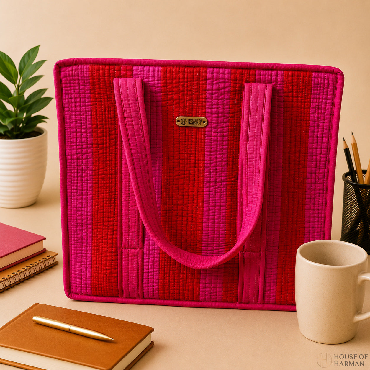 House of Harman Block Printed Tote Bag | Zipper Closure | 2 Inner Pockets | Ample Storage