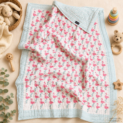 Pink Palm Flamingo Baby Quilt
