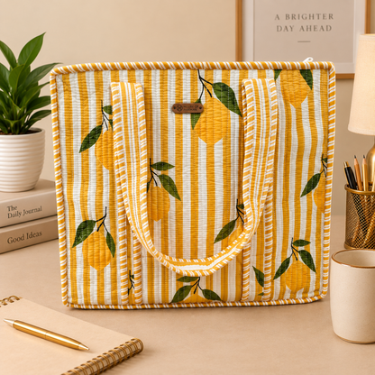 House of Harman Block Printed Tote Bag | Zipper Closure | 2 Inner Pockets | Ample Storage