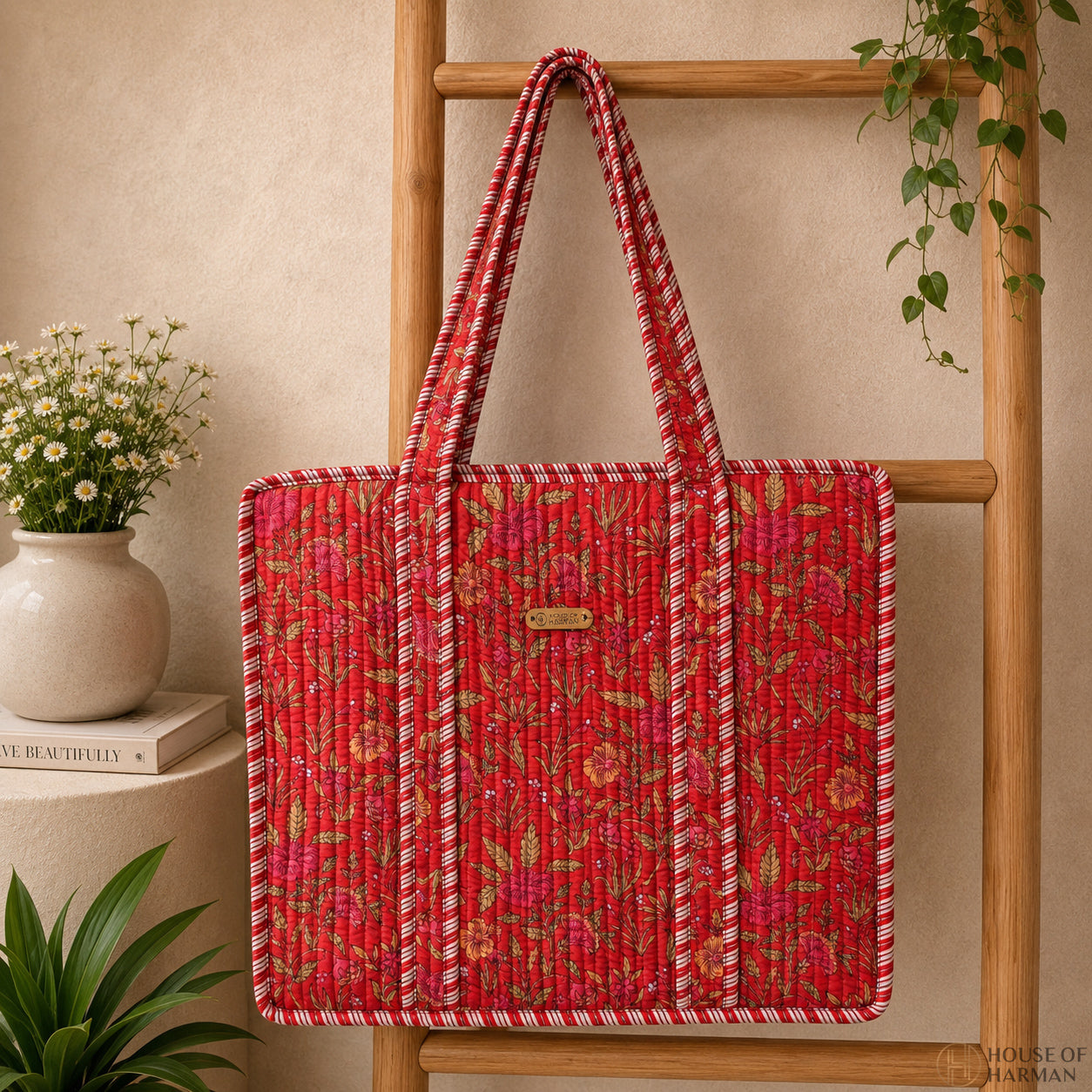 House of Harman Block Printed Tote Bag | Zipper Closure | 2 Inner Pockets | Ample Storage