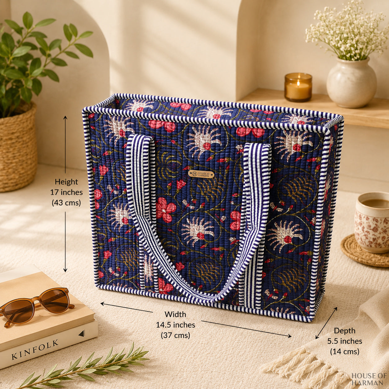 House of Harman Block Printed Tote Bag | Zipper Closure | 2 Inner Pockets | Ample Storage