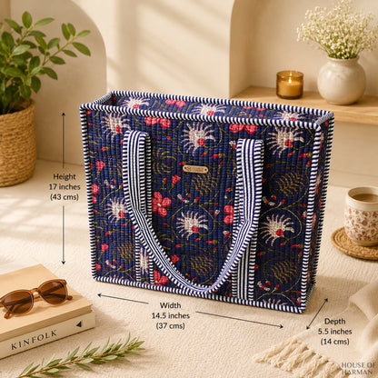 House of Harman Block Printed Tote Bag | Zipper Closure | 2 Inner Pockets | Ample Storage