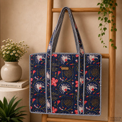 House of Harman Block Printed Tote Bag | Zipper Closure | 2 Inner Pockets | Ample Storage