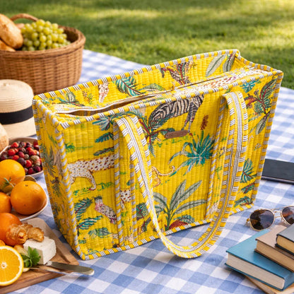 House of Harman Block Printed Tote Bag | Zipper Closure | 2 Inner Pockets | Ample Storage