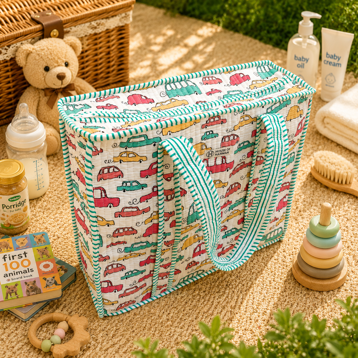 House of Harman Block Printed Tote Bag | Zipper Closure | 2 Inner Pockets | Ample Storage