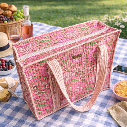 House of Harman Block Printed Tote Bag | Zipper Closure | 2 Inner Pockets | Ample Storage