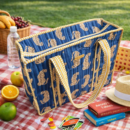 House of Harman Block Printed Tote Bag | Zipper Closure | 2 Inner Pockets | Ample Storage