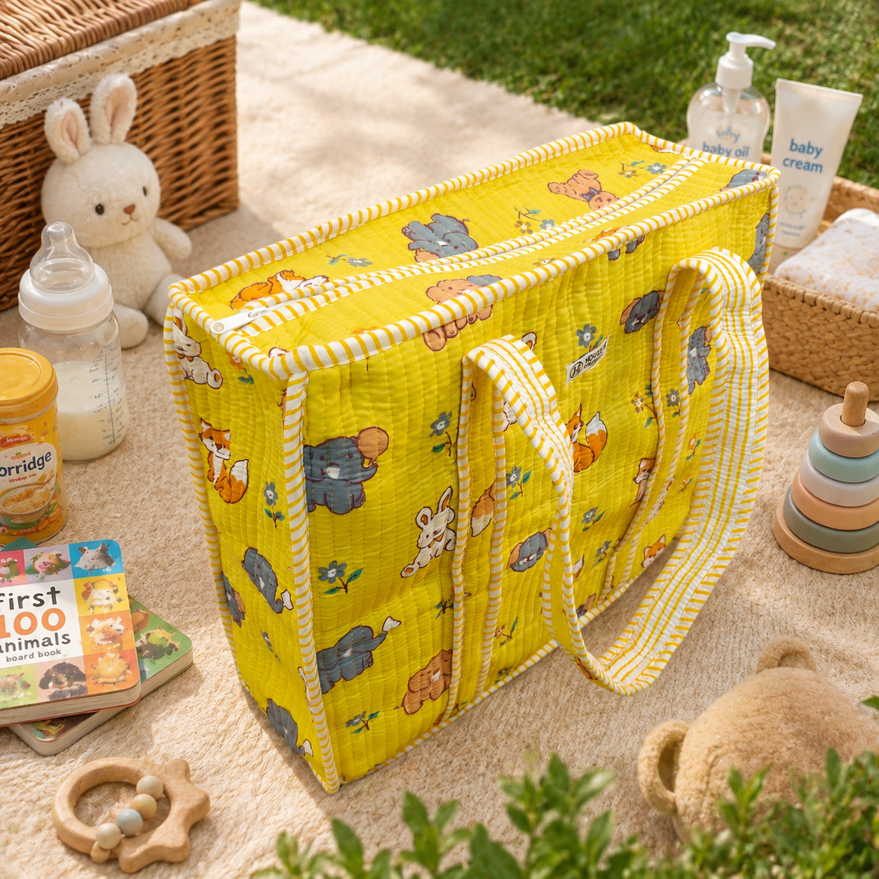 House of Harman Block Printed Tote Bag | Zipper Closure | 2 Inner Pockets | Ample Storage