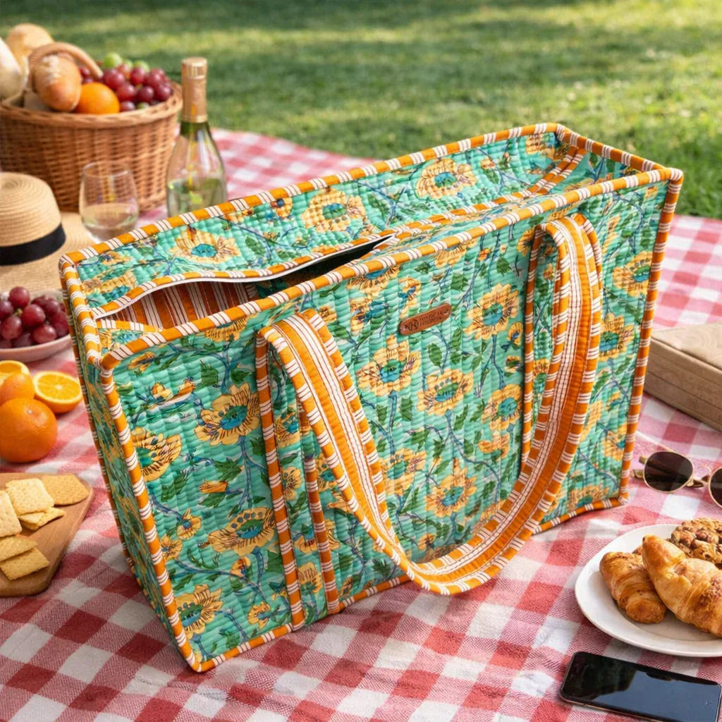 House of Harman Block Printed Tote Bag | Zipper Closure | 2 Inner Pockets | Ample Storage