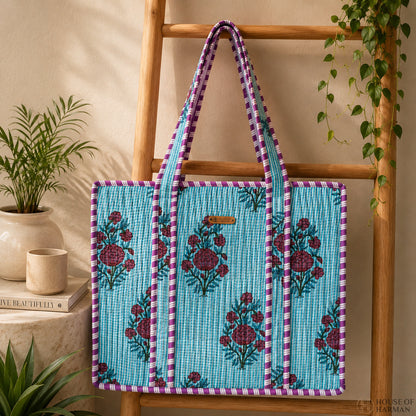 House of Harman Block Printed Tote Bag | Zipper Closure | 2 Inner Pockets | Ample Storage