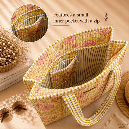 House of Harman Block Printed Tote Bag | Zipper Closure | 2 Inner Pockets | Ample Storage
